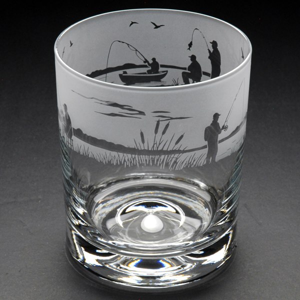 Glyptic Glass Art Fishing Whiskey Tumbler Glass - Hand Etched/Engraved Gift
