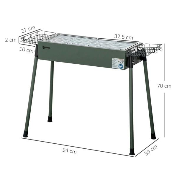 Green charcoal BBQ grill with metal cooking grate and four legs, shown with dimensions