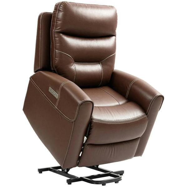 Brown faux leather power lift recliner chair with padded armrests and reclining seat