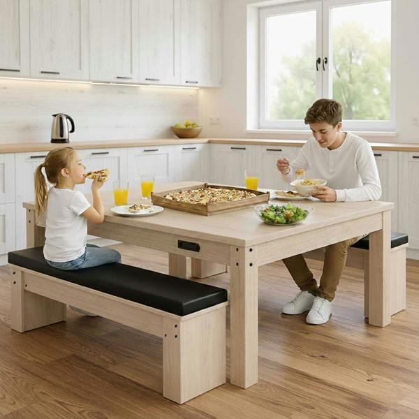 7-in-1 games table in oak finish with two black cushioned storage benches, featuring a family enjoying a meal together