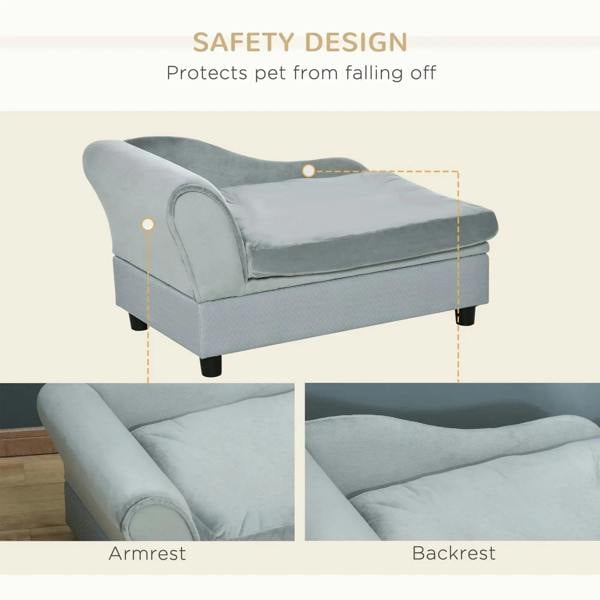Light grey pet sofa chair highlighting armrest and backrest safety design