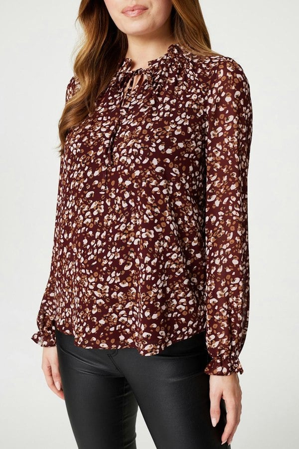 Red | Printed Frilled Tie Neck Blouse
