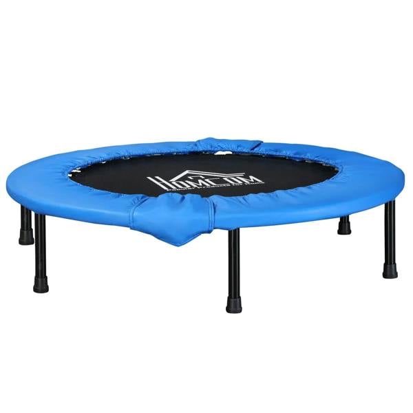 Blue mini fitness trampoline with safety pad and black legs