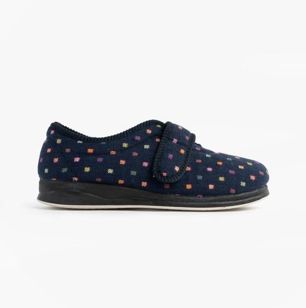 Padders CAMILLA Womens Touch Fasten Polka Dot Slippers Navy/Multi