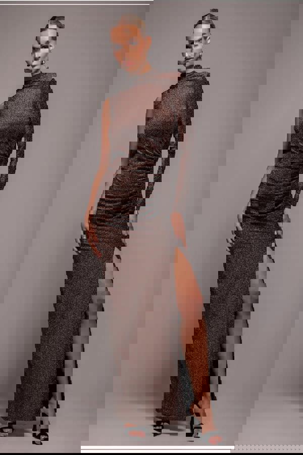 Open Lurex Back One Sleeve Maxi Dress - Bronze DR3633