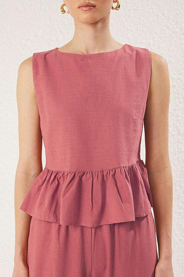 WOVCOR 2-Piece Linen-Look Crew Neck Blouse and Trousers Woven Set