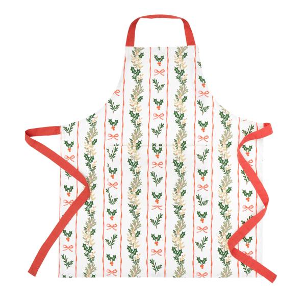 Catherine Lansfield Christmas Holly Stripe Cotton Kitchen Adult Apron Cream / Red