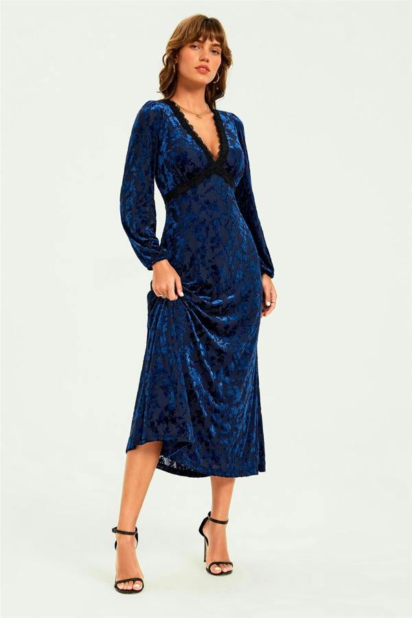 FS Collection Floral Velvet Devore Lace Trim Neckline Midi Dress In Navy