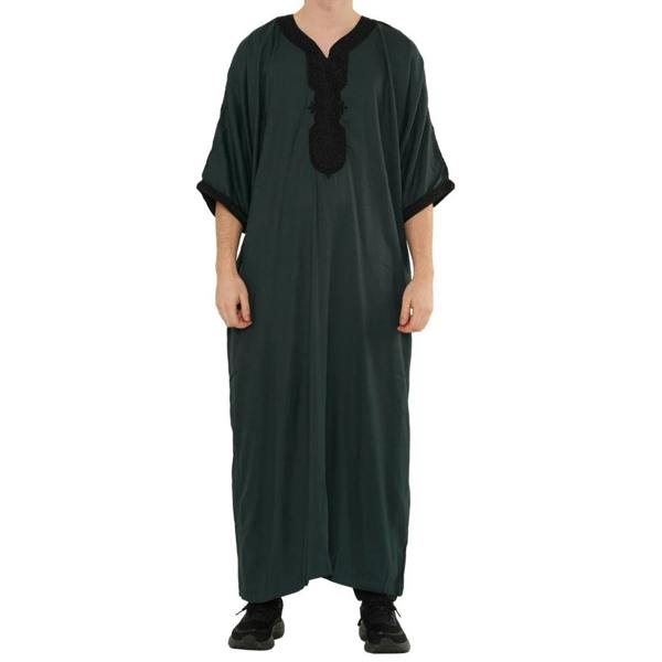 Men's Half Sleeve Embroidery Moroccan Thobe - Green - Thobez - 1