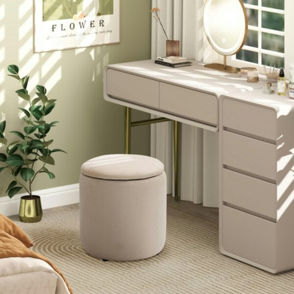 Dyzi Set of 2 Corduroy Storage Ottomans Removable Lids Cream White