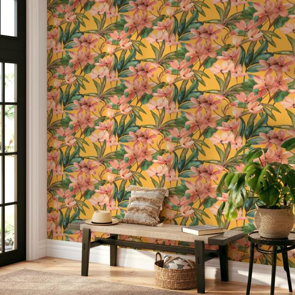 Rasch x Tesa Magnolia Floral Self Adhesive Peel and Stick Textured Wallpaper, Yellow