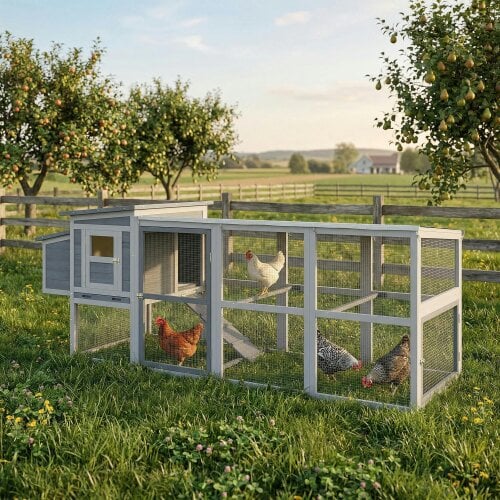 PawHut Large Chicken Coop, Wooden Hen House with Covered Run - Fir Wood, Metal, Oxford Fabric - Grey - 1