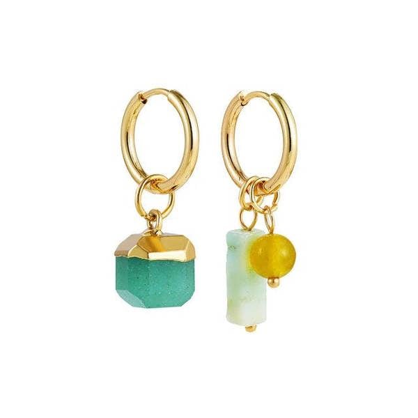 A pair of mismatched hoop earrings with one earring featuring a green stone and the other with a yellow stone, both in gold-colored settings.