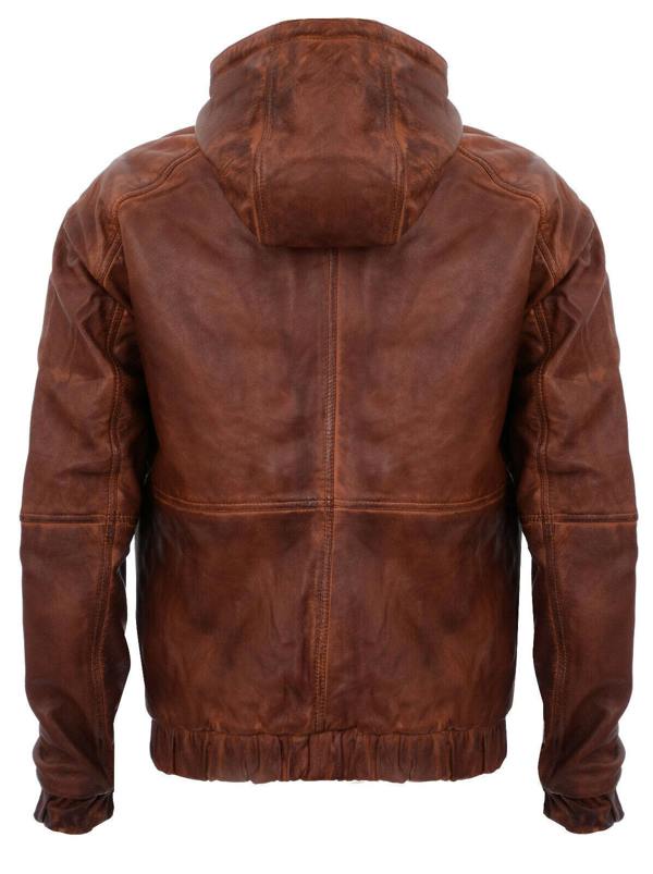 Infinity Leather Mens Vintage Zipped Leather Hooded Bomber Biker Jacket
