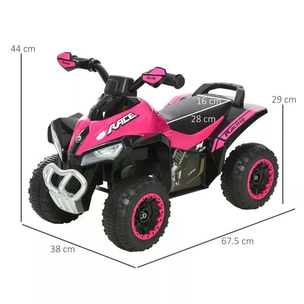 Pink kids ride-on motorcycle toy with 4 wheels, black seat, and size markings