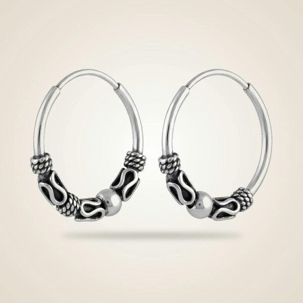 The Colourful Aura Silver Sterling Oxidised Wired Ball Tribal Dainty Slim Ethnic Hoop Earrings