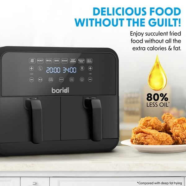 8L Dual Zone Air Fryer Oven - 8-in1 Easy Clean Black Worktop Cooker 2x 4L Basket - LoopsDirect