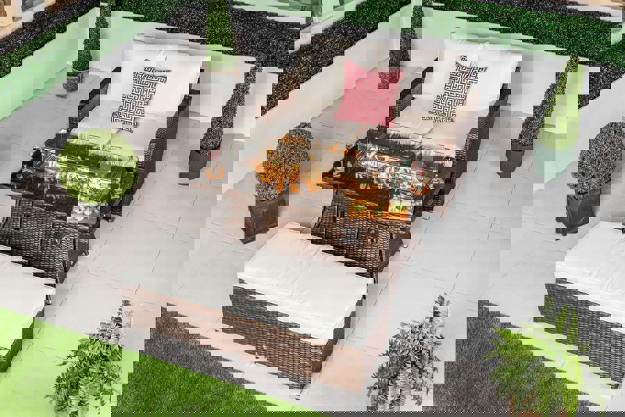 Giardino Sydney 2 Seat Loveseat Sofa Rattan Garden Furniture Set Outdoor With Fire Pit Coffee Table & Bench