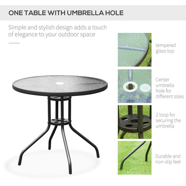Round tempered-glass patio table with central umbrella hole and black three-leg stand