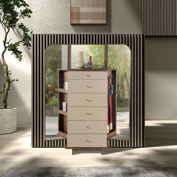 Angel Cerdá Leatherette, Walnut and Polished Steel Chest of Drawers With Mirror 7206