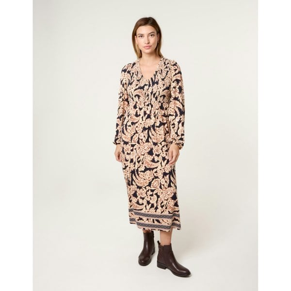 Blue Vanilla V Neck Shirred Border Print Midi Dress