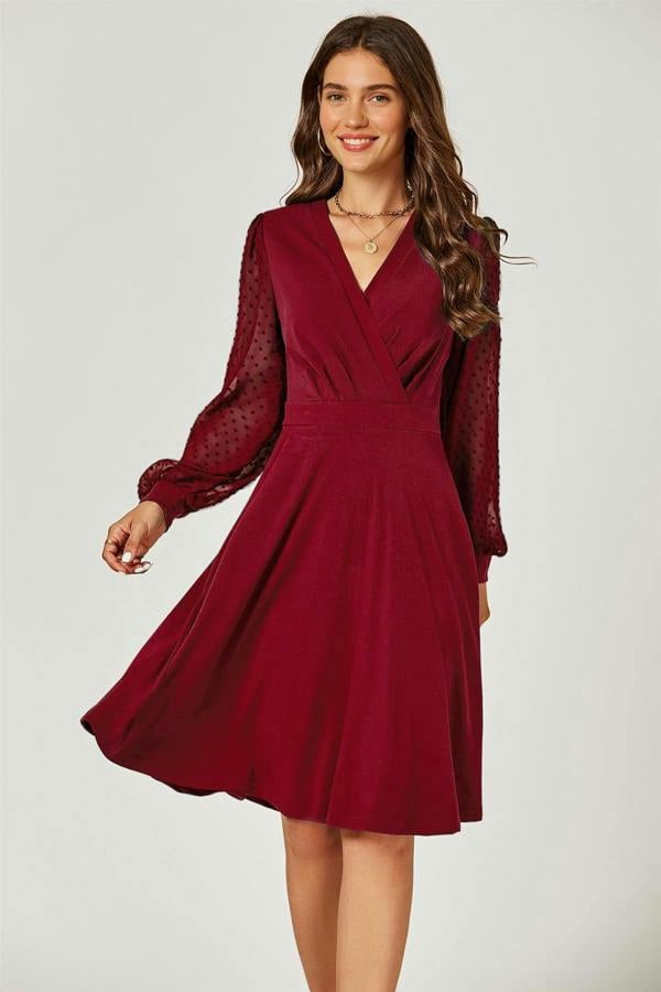 FS Collection Long Sleeve Pleated Detail Midi Dress In Dark Red