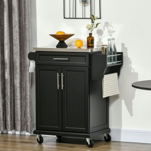 Wyld Haus Paha Wood And Steel Black Kitchen Island Trolley With Stainless Steel Top Drawer And Side Rack