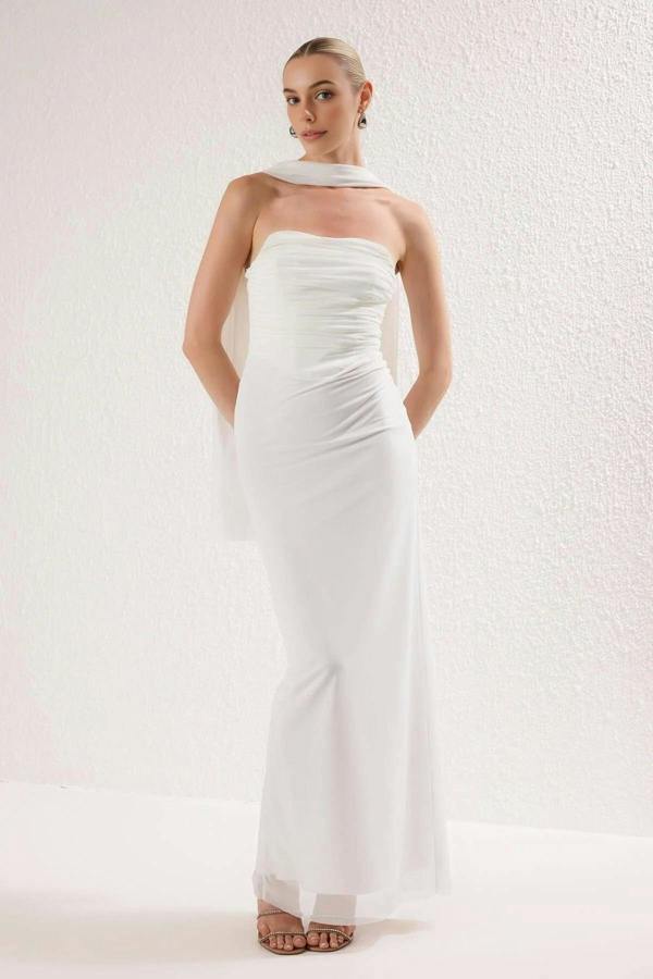 WOVCOR Tulle Knit Maxi Evening Dress with Shawl Detail