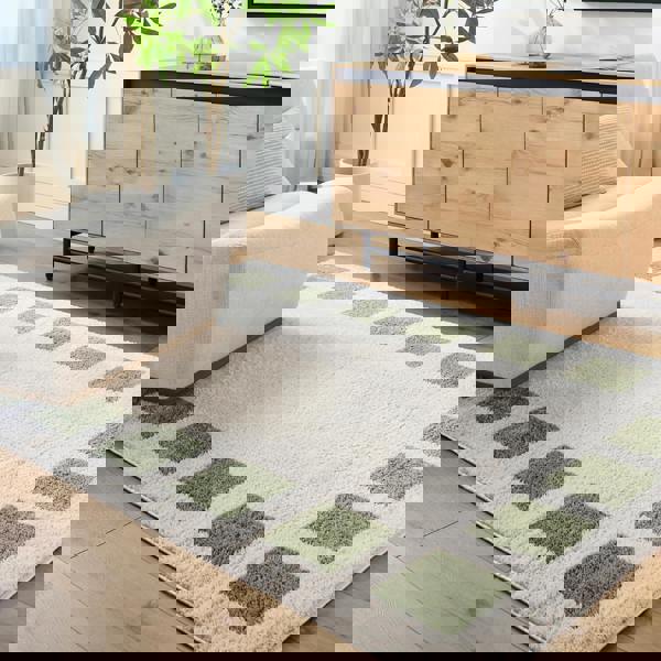 Livabliss Fossay Shag-Washable Beige Green Modern High Pile Rug