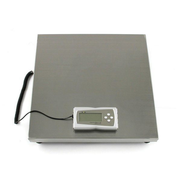 Stainless steel vet scales measuring 50cm x 50cm with a digital display and coiled cord, designed for accurate pet weight measurement