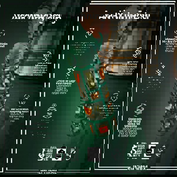 A teal, illustrated water bottle is being held. Its features include a hide-away handle, crevice-free design, double-walled stainless steel, hygiene cover, and wide mouth. It's an award-winning design.