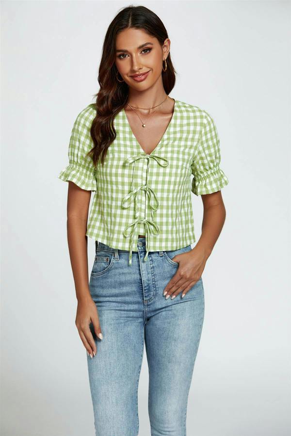 FS Collection Check Print Tie Front Top In Green