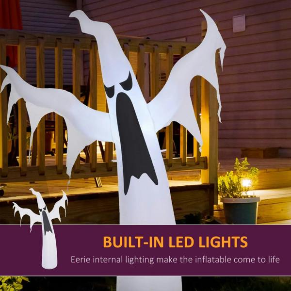 White inflatable ghost decoration with black face and built-in LED lights