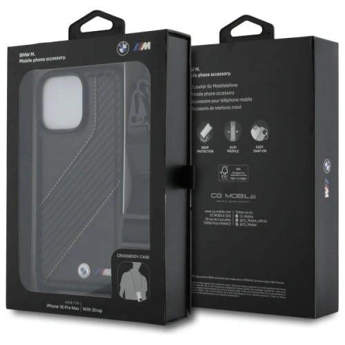 BMW M Series Carbon Stripe & Strap Case for iPhone 16 Pro Max 6.9" Black - BMHCP16X23PSCCK