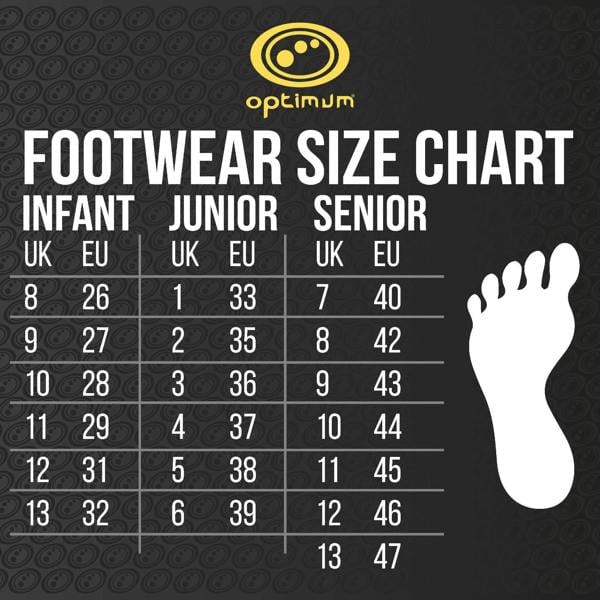 Optimum footwear size chart with UK and EU infant, junior and senior sizes and white foot graphic on black - Optimum