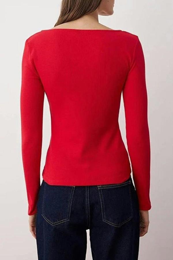 WOVCOR Buttoned Crew Neck Ribbed Flexible Knit Blouse
