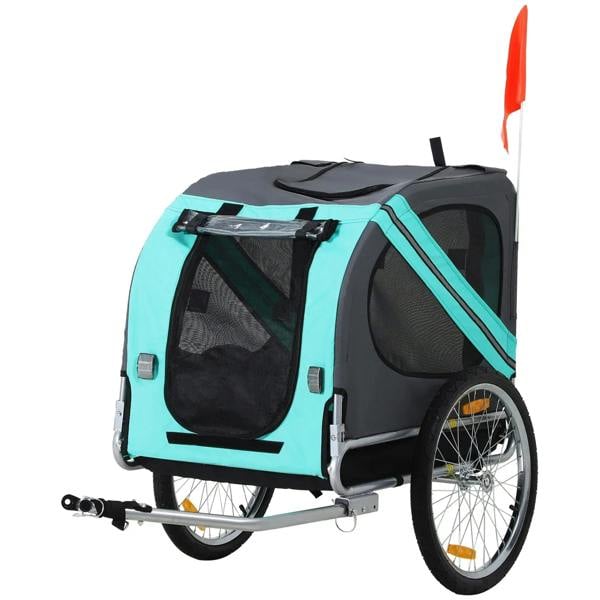 Light blue dog bike trailer pet cart carrier with black mesh windows and hinged door