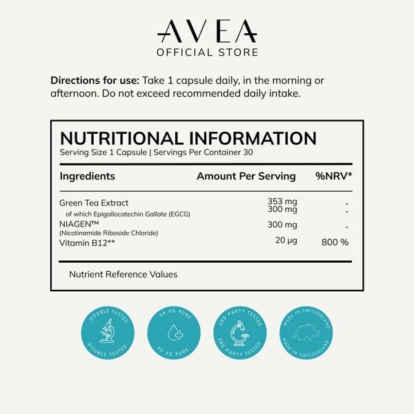 AVEA NAD+ Vitaliser Supplement (30 capsules) | Swiss Quality | 99% Purity | NAD+ supplement, Nicotinamide, NR