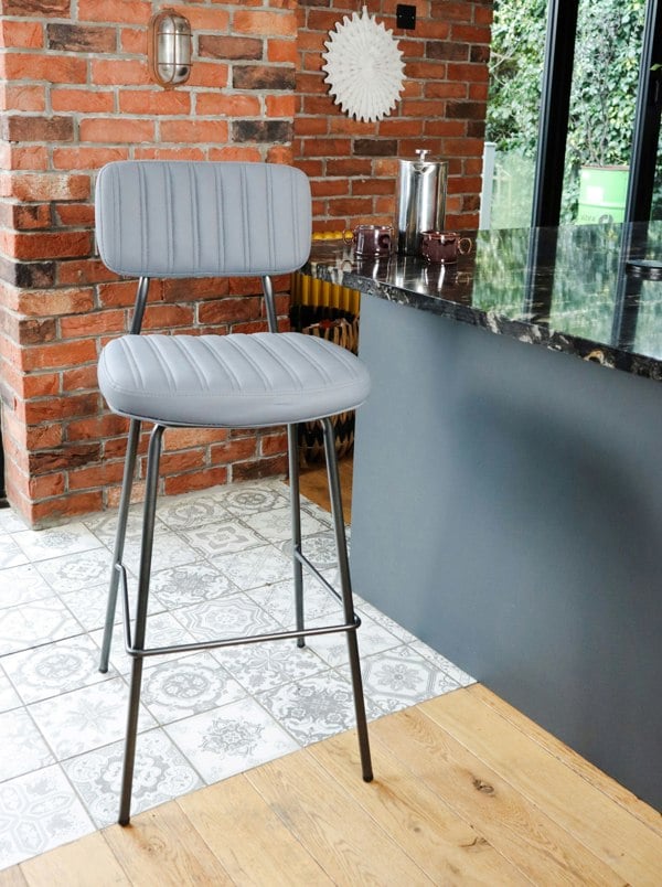 MMT Furniture Designs MMT PU Leather Bar Stools Set of 2, Grey/Tan with Steel Frame, Retro Industrial Style