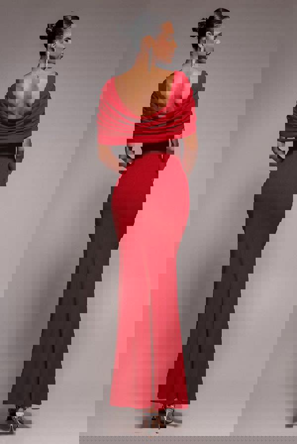 V Neck Cowl Back Pleated Sleeve Scuba Maxi Dress - Red DR5010