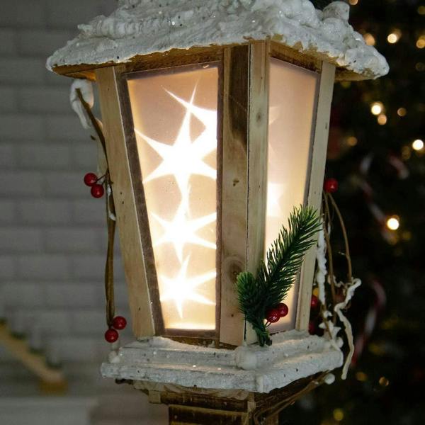 85cm Wooden Snow Covered Lamppost Warm White Rotating Star LED Indoor Christmas Decoration image 3