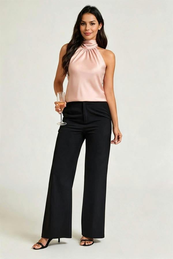 FS Collection Satin Halter Neck Tie Back Top In Dusty Rose