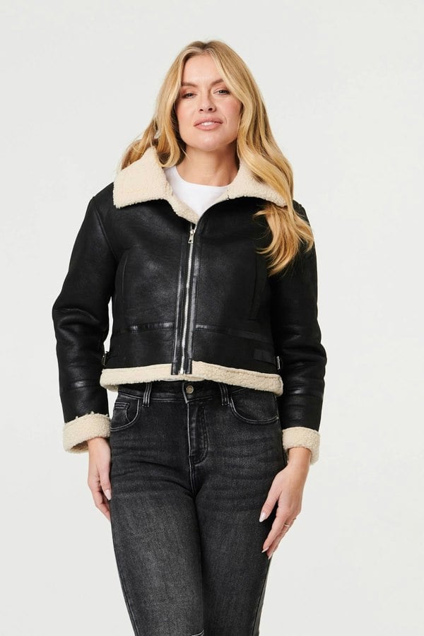 Black | Faux Suede Teddy-Lined Cropped Jacket
