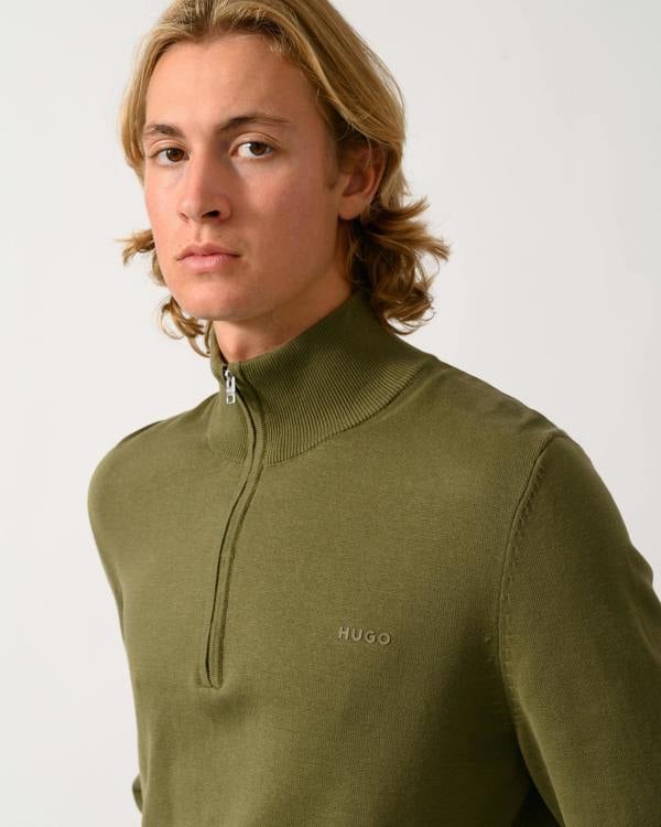HUGO San Quintus-C2 Mens 1/4 Zip Funnel Neck Jumper - Open Green 389