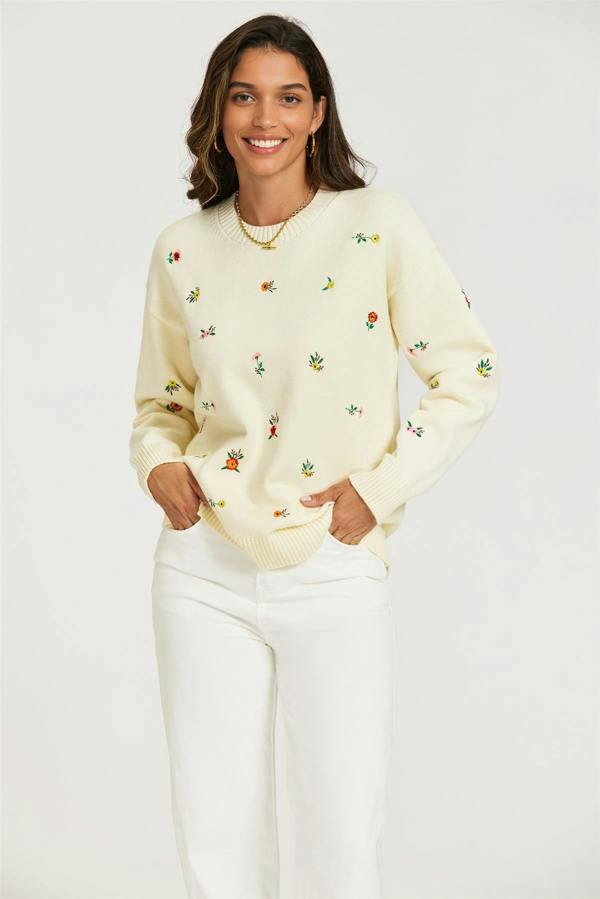 FS Collection Embroidered Floral Knit Jumper Top In Cream