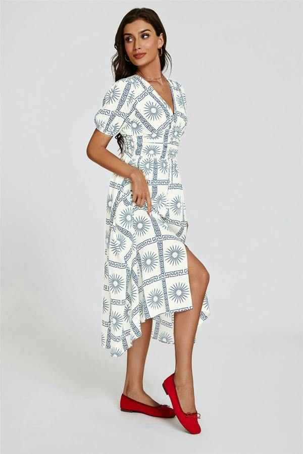 FS Collection Geo Print Midi V neckline Dress In White