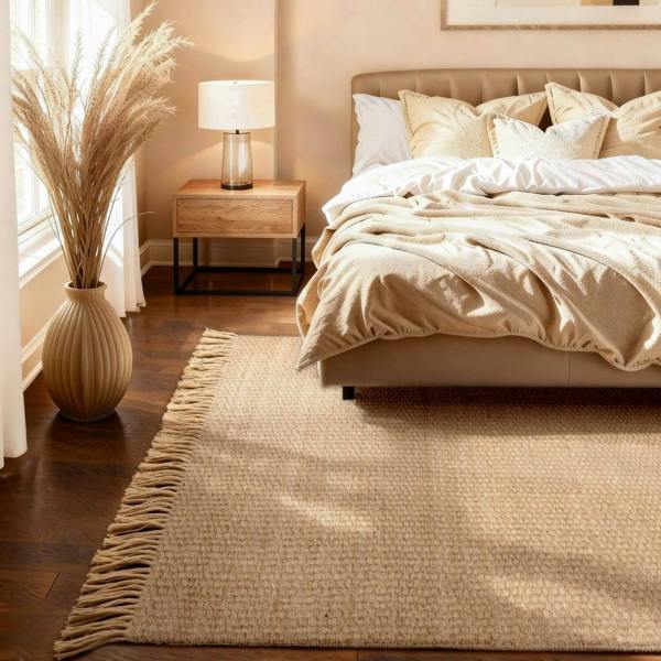 Cozy bedroom with beige bedding, lamp, and rug.