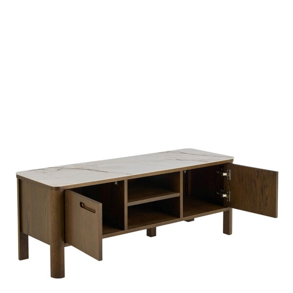 Wyld Haus Cork Oak Veneer TV Unit with Cream Ceramic Top 2 Drawers 2 Shelves
