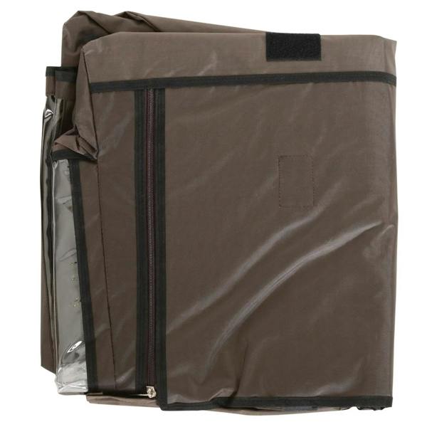 Brown pet cage cover with zippered side entry and reinforced edges