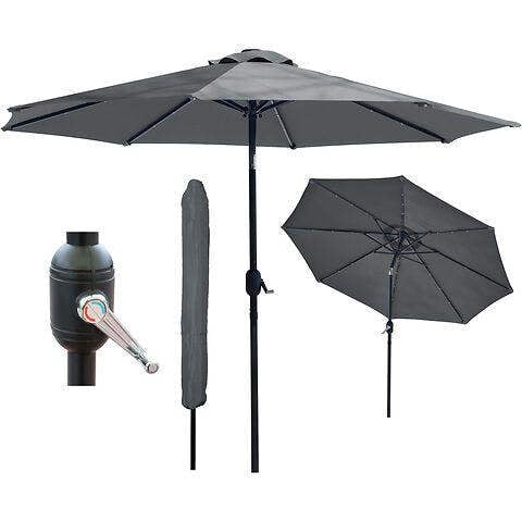 GlamHaus Garden Parasol Solar LED 2.7M ,Tilting Table Umbrella with Crank Handle, Protection UV40, Free Parasol Cover- Dark Grey